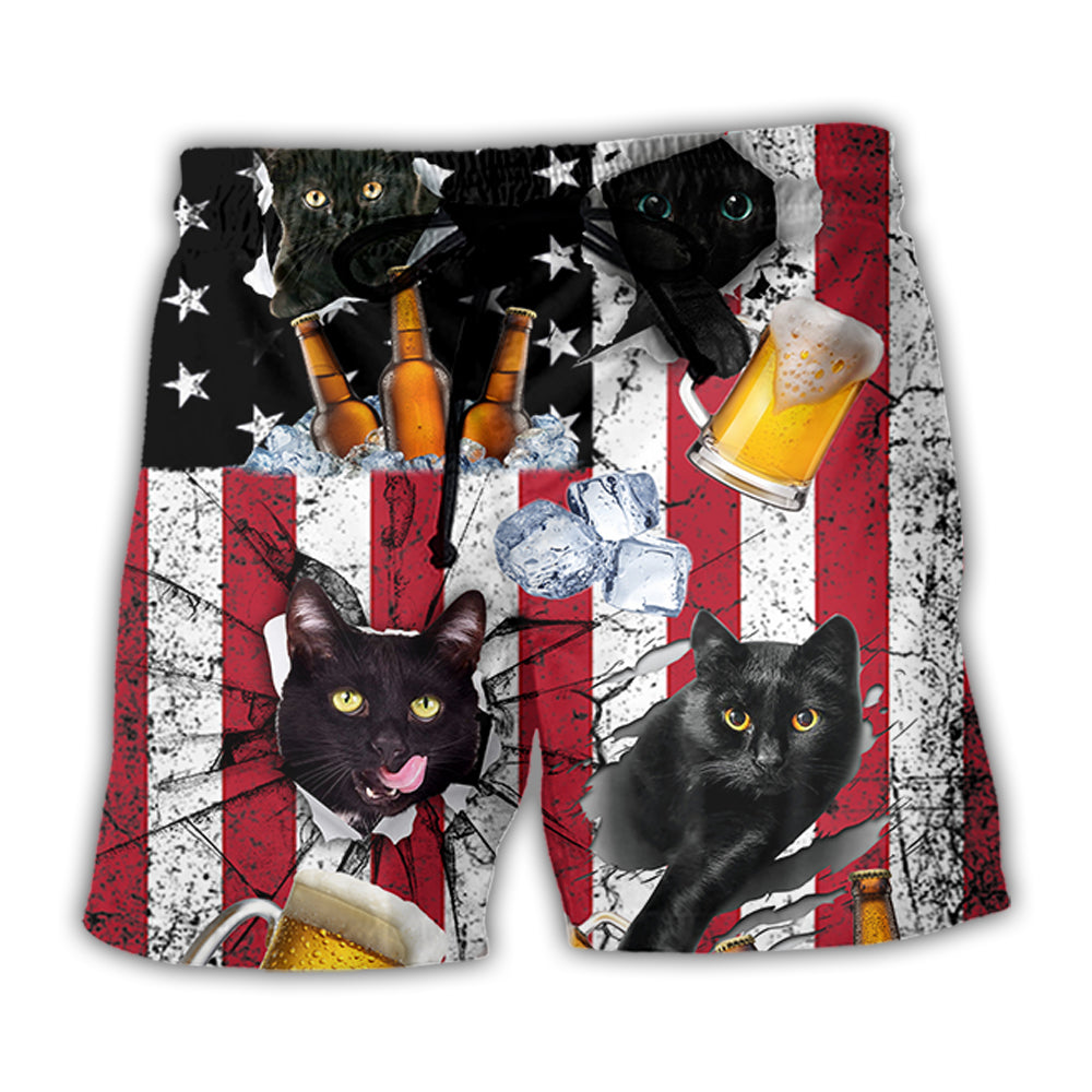 Beach Short / Adults / S Beer And Black Cat American Flag Vintage - Beach Short Reefox - Owls Matrix LTD