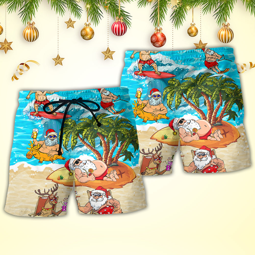 Christmas Santa Claus Chilling On The Beach Mele Kalikimaka Funny - Beach Short Reefox - Owls Matrix LTD