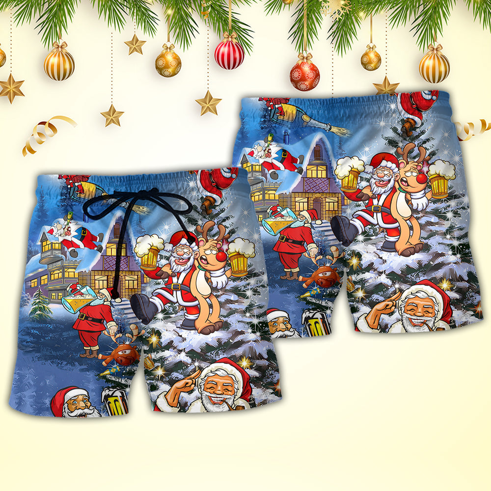 Christmas Funny Santa Claus Drinking Beer Troll Xmas - Beach Short Reefox - Owls Matrix LTD