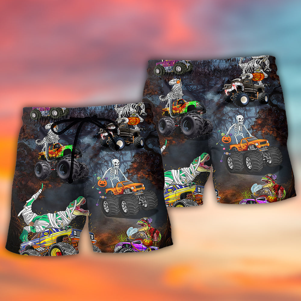 Halloween Skeleton Dinosaur Driving Monster Truck - Beach Short Reefox - Owls Matrix LTD