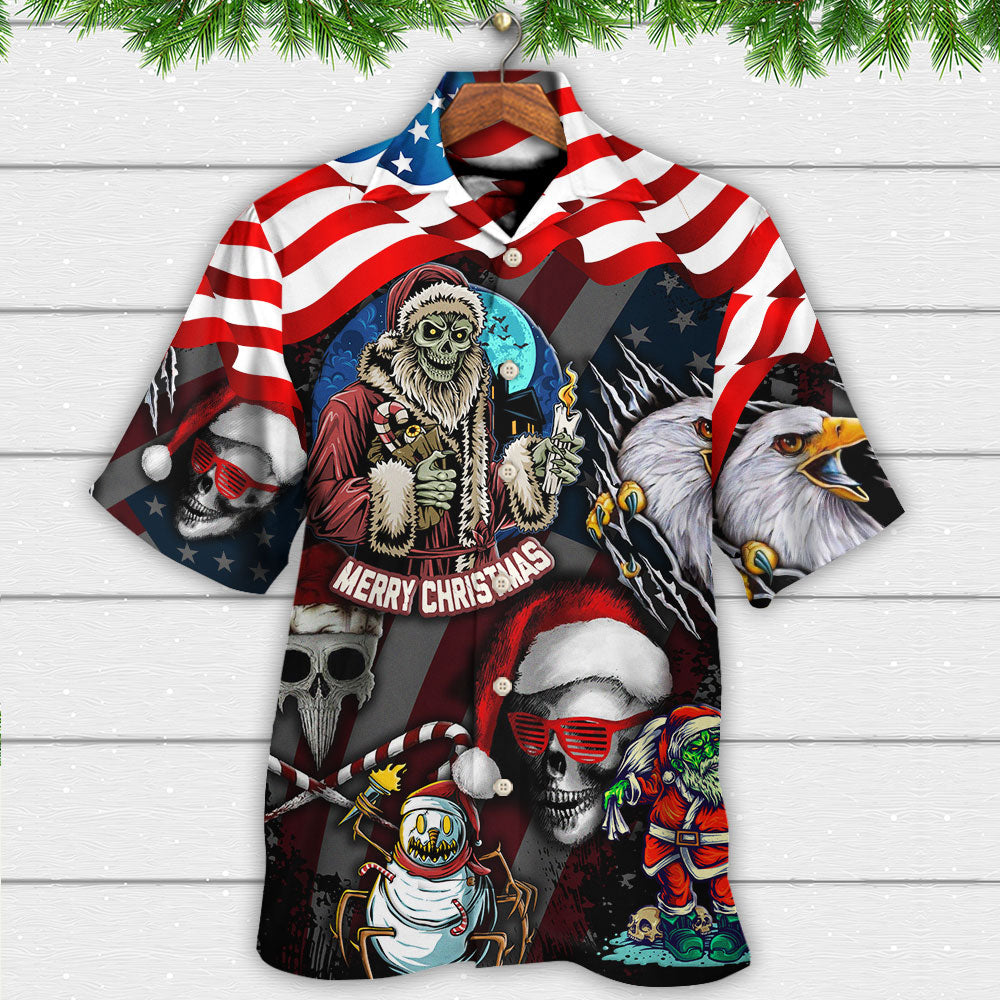 Skull Christmas US Flag Skeleton And Eagle Xmas Vibe - Hawaiian Shirt - Reefox