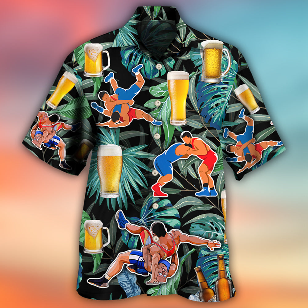 Beer And Wrestling Tropical Pattern - Hawaiian Shirt - Reefox
