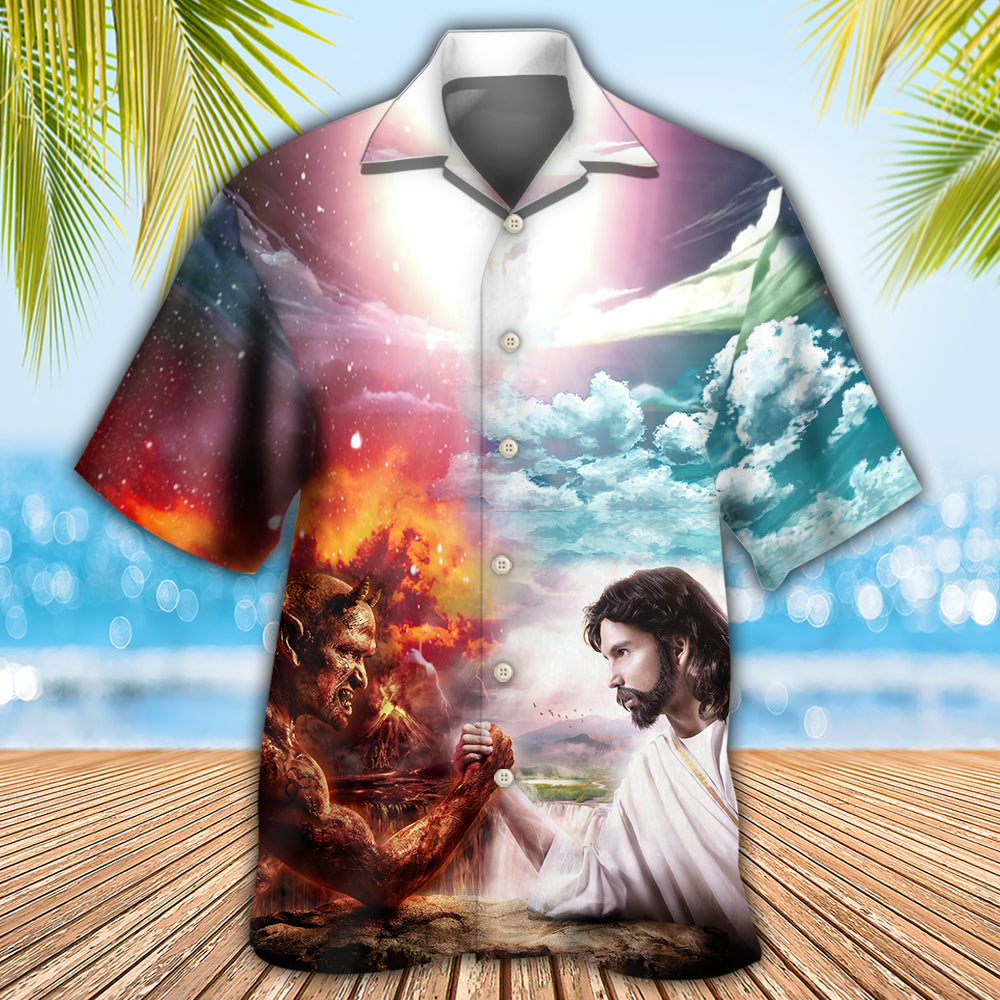 Wrestling Arm Wrestling Jesus vs Satan - Hawaiian Shirt - Reefox