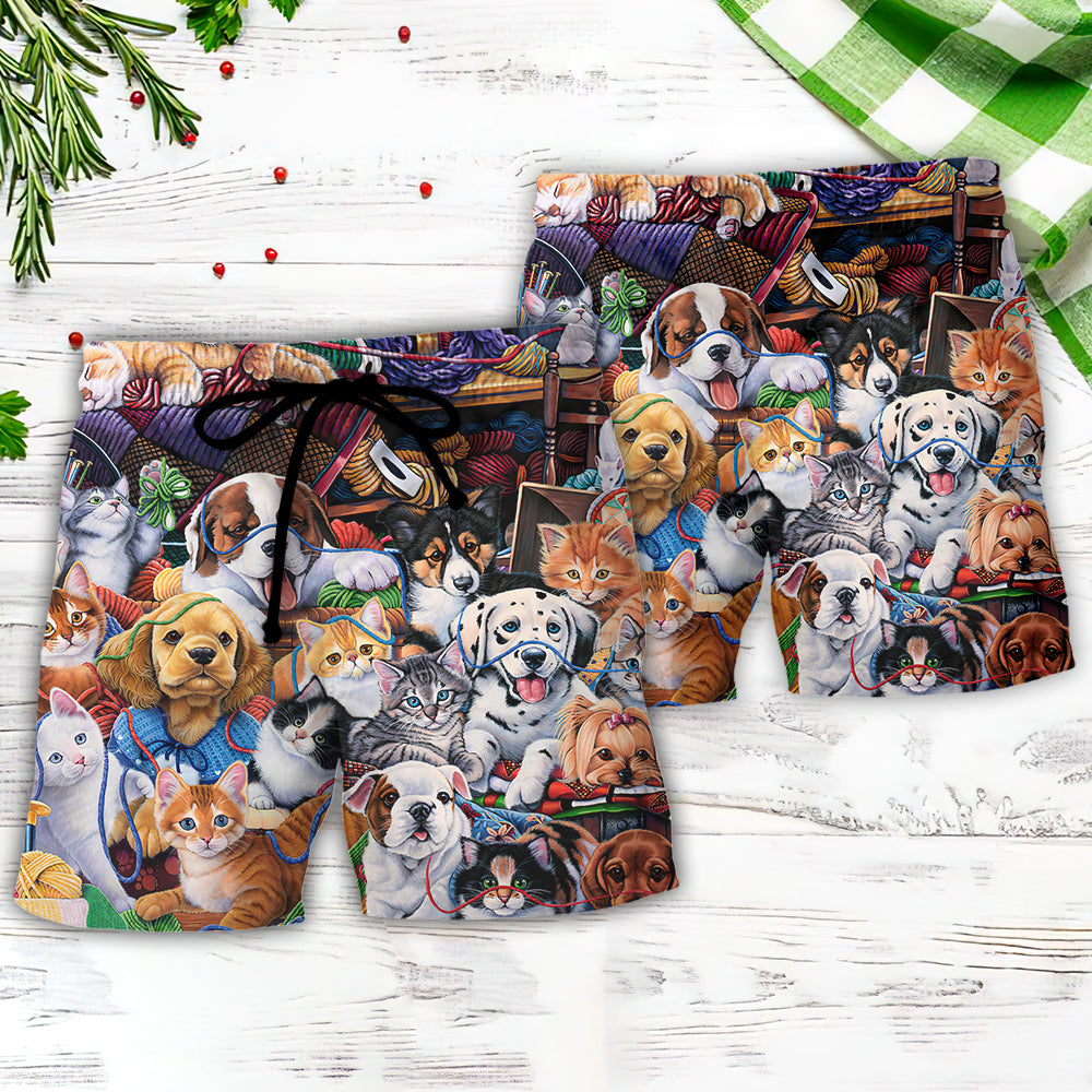 Dog And Cat Play Yarn Together - Beach Short Reefox - Owls Matrix LTD