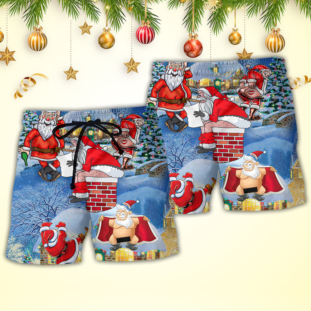 Christmas Rebellious Santa Claus Drunk Beer Troll Xmas Funny - Beach Short Reefox - Owls Matrix LTD
