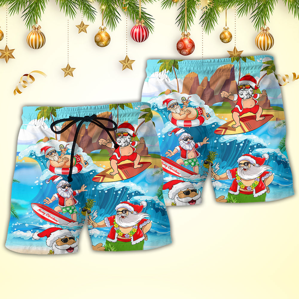 Christmas Santa Claus Play On The Beach Mele Kalikimaka Funny - Beach Short Reefox - Owls Matrix LTD