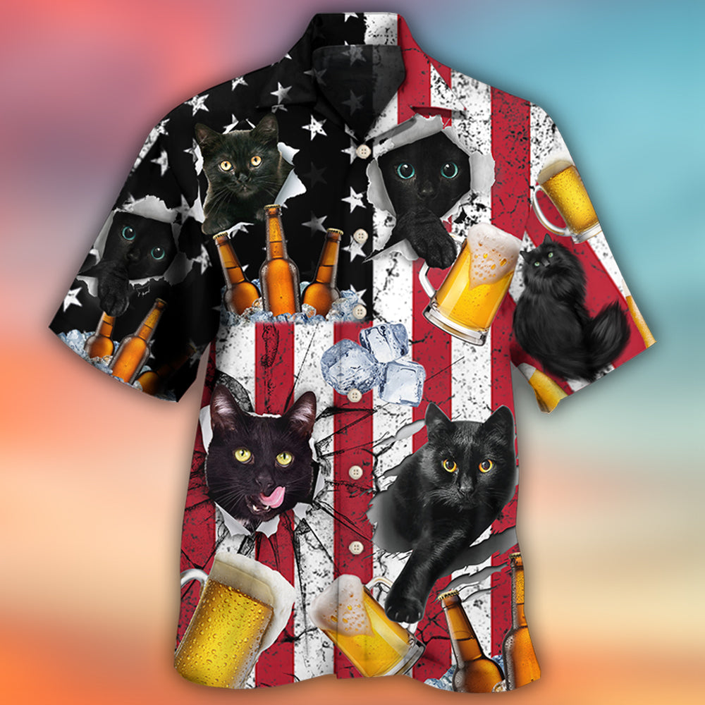 Beer And Black Cat American Flag Vintage - Hawaiian Shirt - Reefox