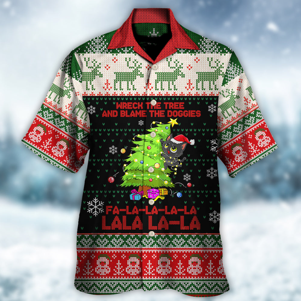 Cat Wreck The Tree Christmas Tree Light Funny Ugly Style - Hawaiian Shirt - Reefox