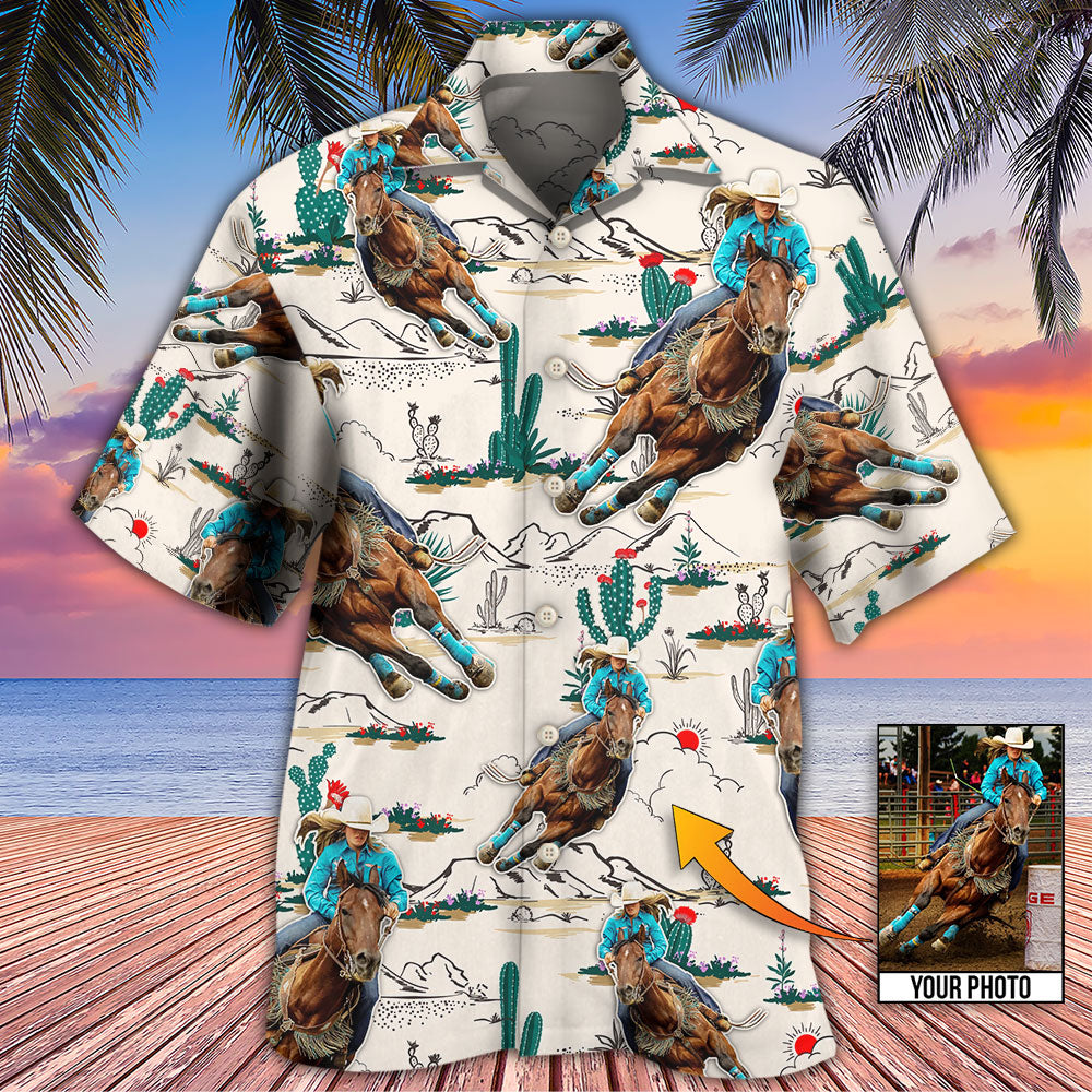 Cowboy Barrel Racing Tropical Desert Custom Photo - Hawaiian Shirt - Reefox