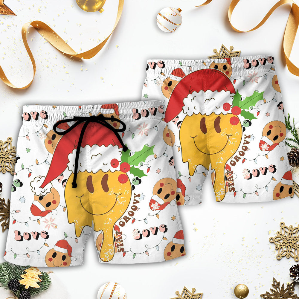 Christmas Hippie Groovy Santa Claus Smile Face - Beach Short Reefox - Owls Matrix LTD