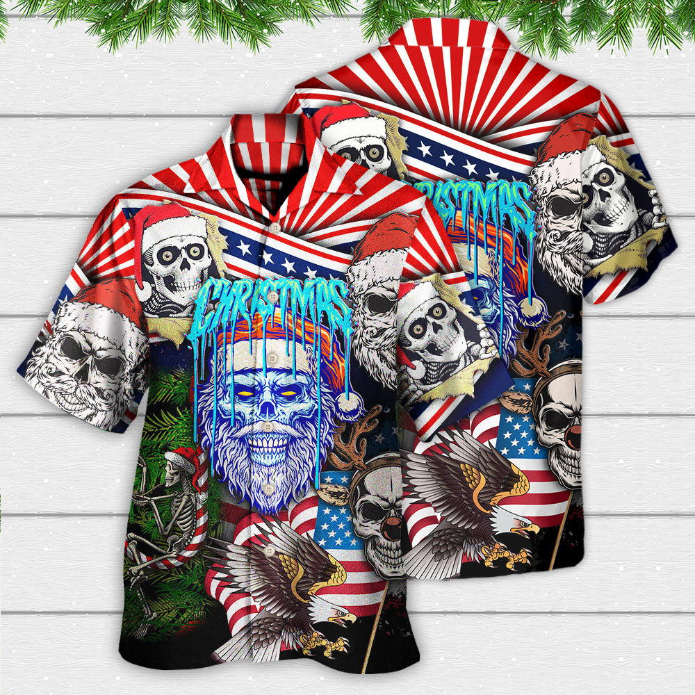 Skull Christmas US Flag Skeleton Horror Merry Christmas - Hawaiian Shirt - Reefox