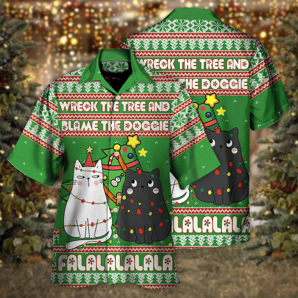 Cat Wreck The Tree Meowy Christmas - Hawaiian Shirt - Reefox