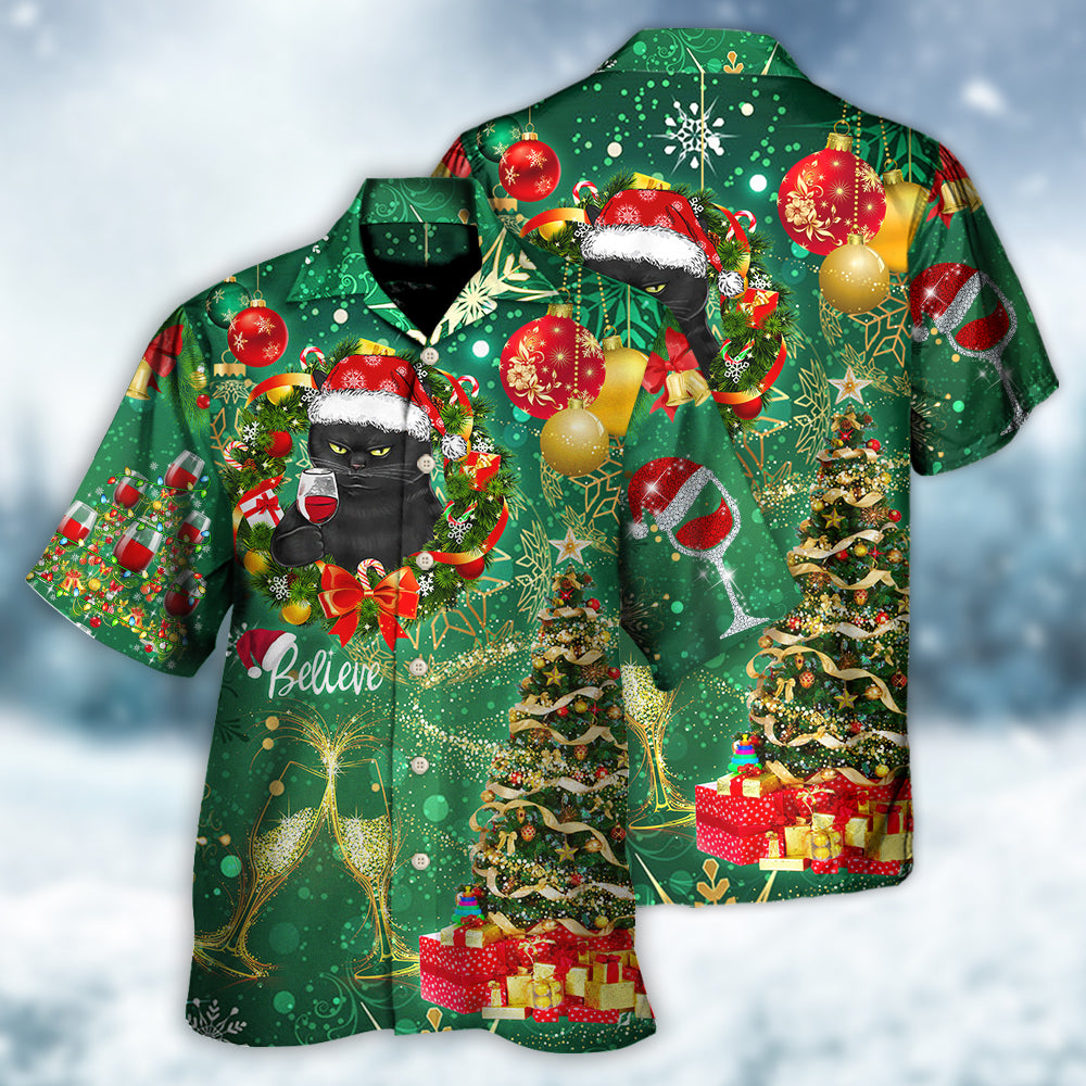 Christmas Black Cat Drinking Happy Christmas Tree Green Light - Hawaiian Shirt - Reefox