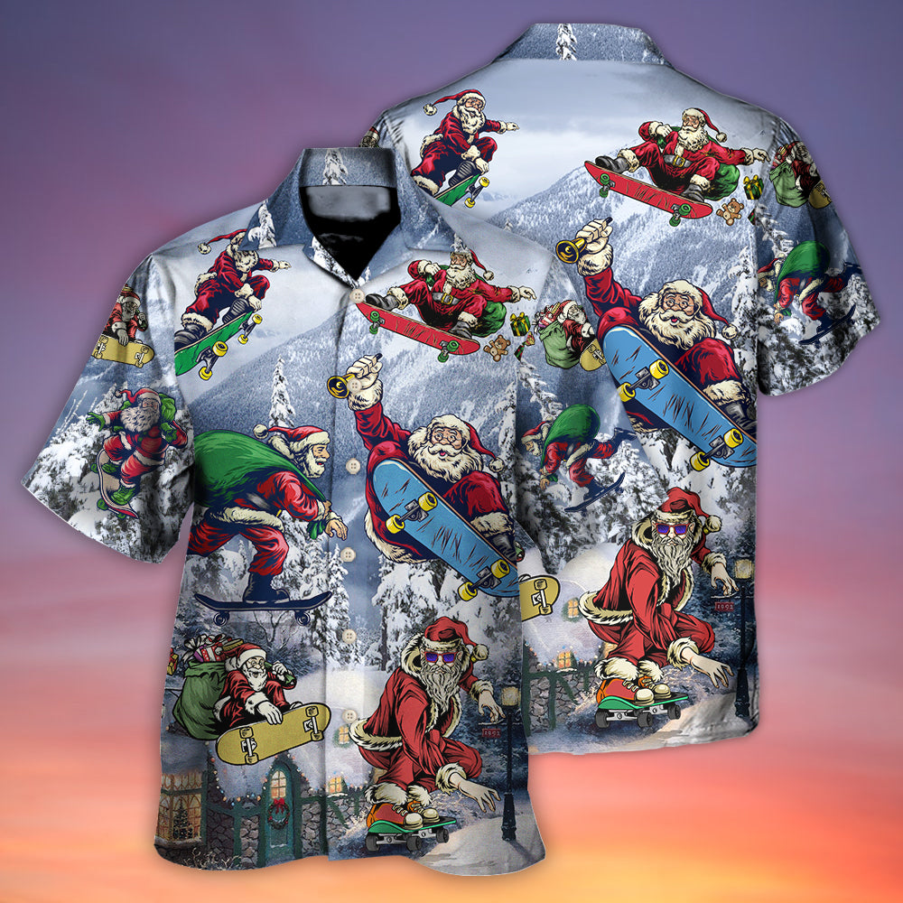 Christmas Santa Claus Skateboarding Snow Mountain Gift Light Art Style - Hawaiian Shirt - Reefox