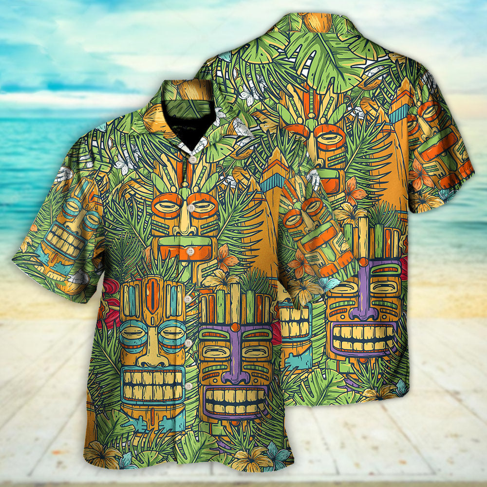 Tiki Mask Tropical Hawaii Sur Board And Palm Leaves - Hawaiian Shirt - Reefox