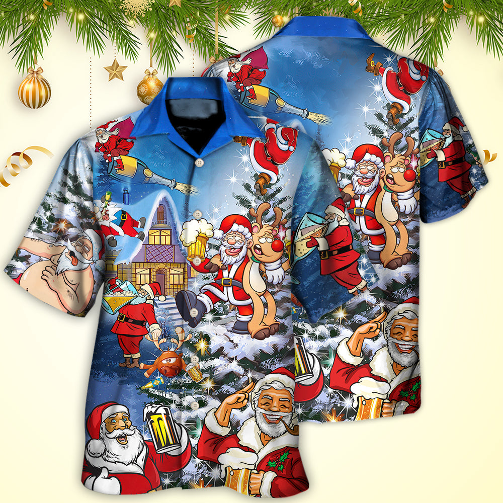 Christmas Funny Santa Claus Drinking Beer Troll Xmas - Hawaiian Shirt - Reefox