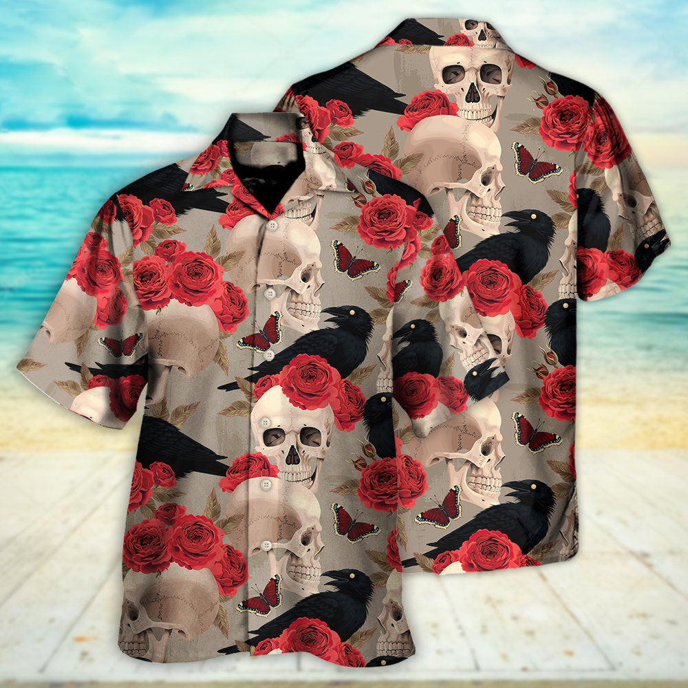 Skull With Rose Flower And Raven Gothic Style - Hawaiian Shirt - Reefox