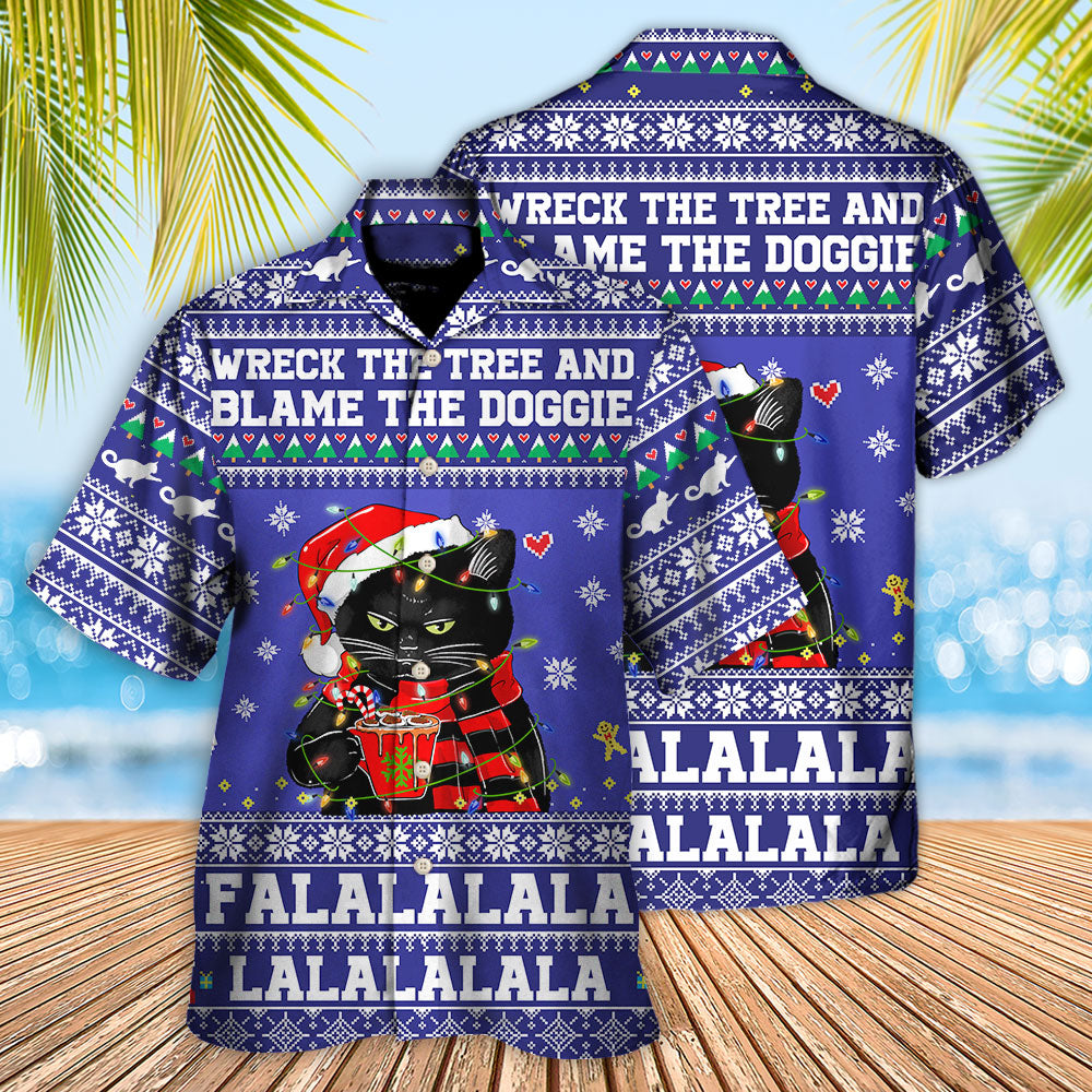 Black Cat Wreck The Tree Christmas - Hawaiian Shirt - Reefox