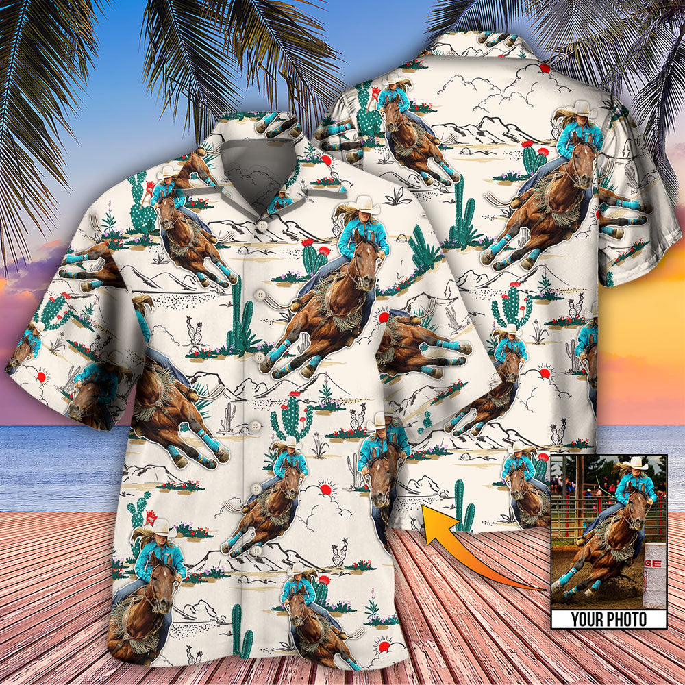Cowboy Barrel Racing Tropical Desert Custom Photo - Hawaiian Shirt - Reefox
