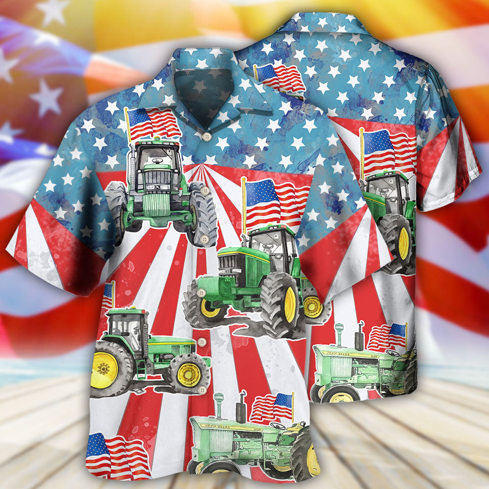 Tractor Independence Day Watercolor Tractor US Flag - Hawaiian Shirt - Reefox