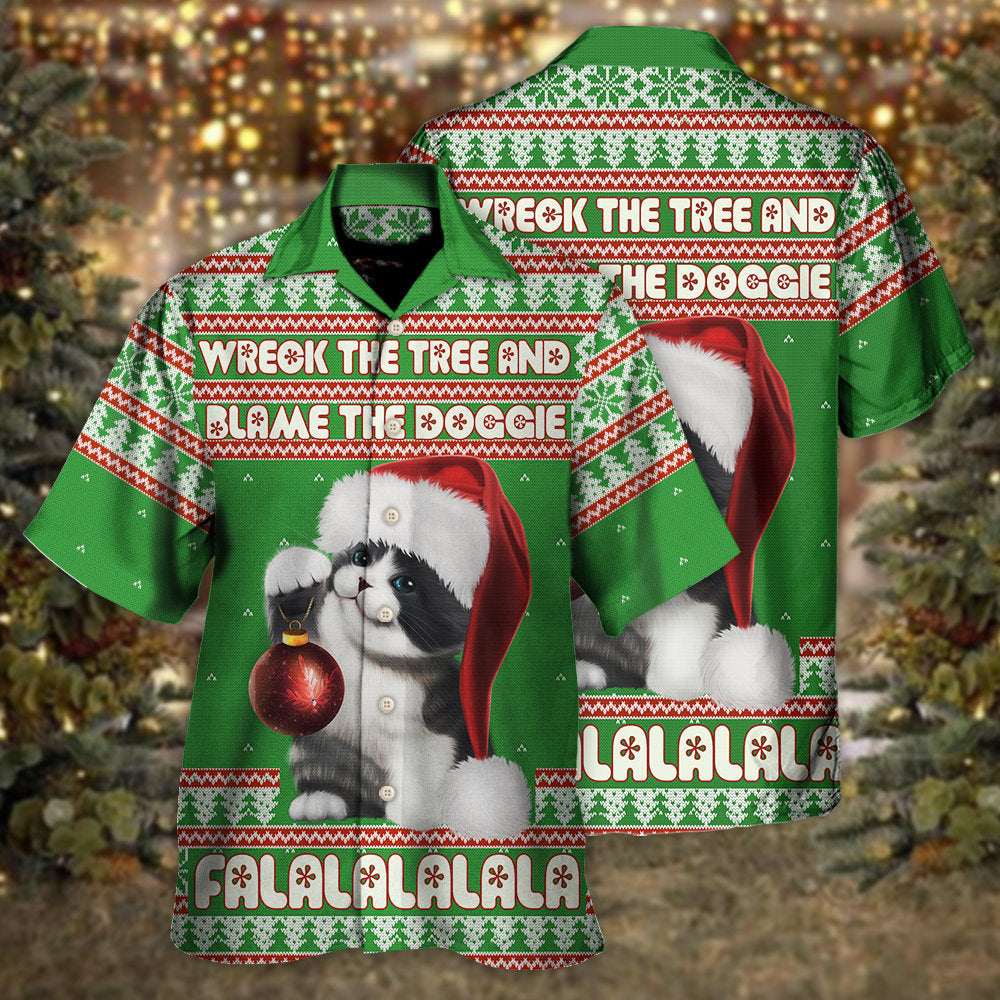 Cat Wreck The Tree And Blame The Doggie Falalala Christmas - Hawaiian Shirt - Reefox
