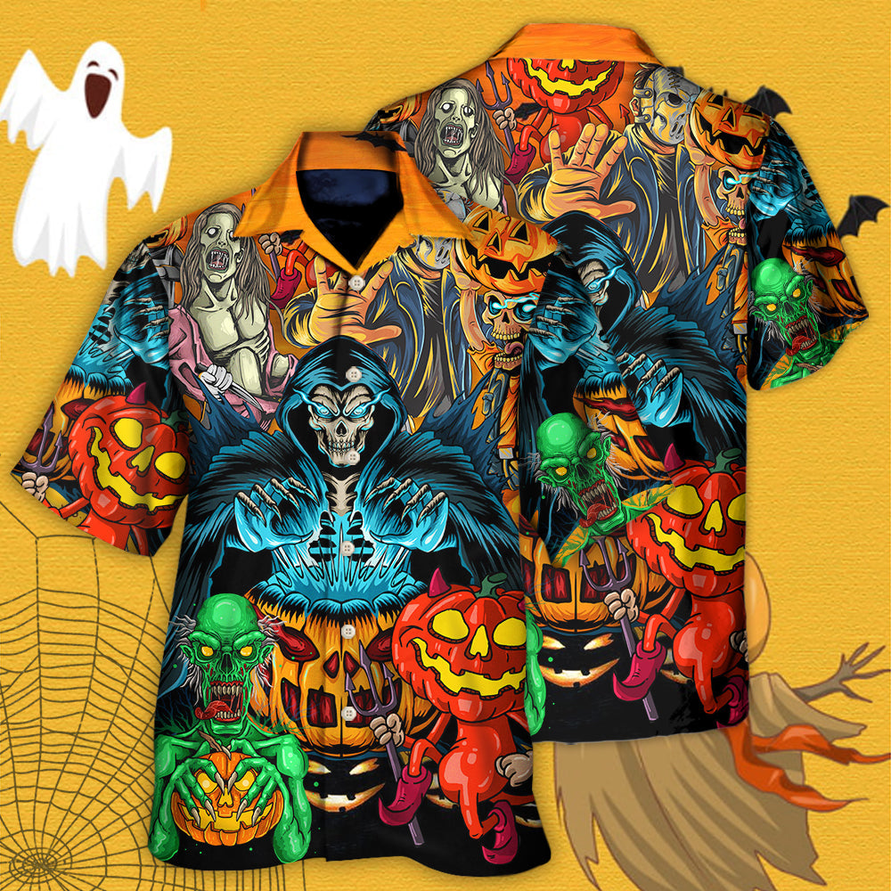 Halloween Scary Skull Pumpkin Horror Art Style - Hawaiian Shirt - Reefox