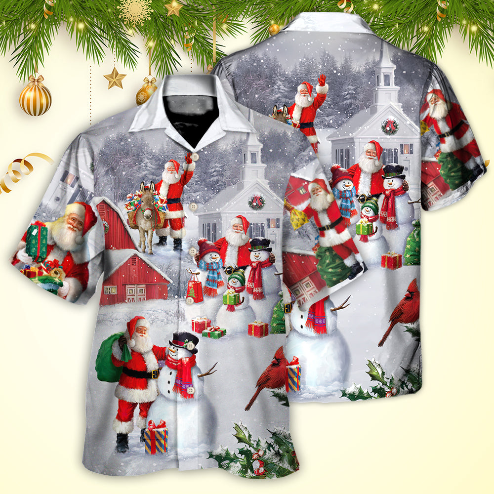 Christmas Santa Claus With Snowman Family In The Town Art Style - Hawaiian Shirt - Reefox