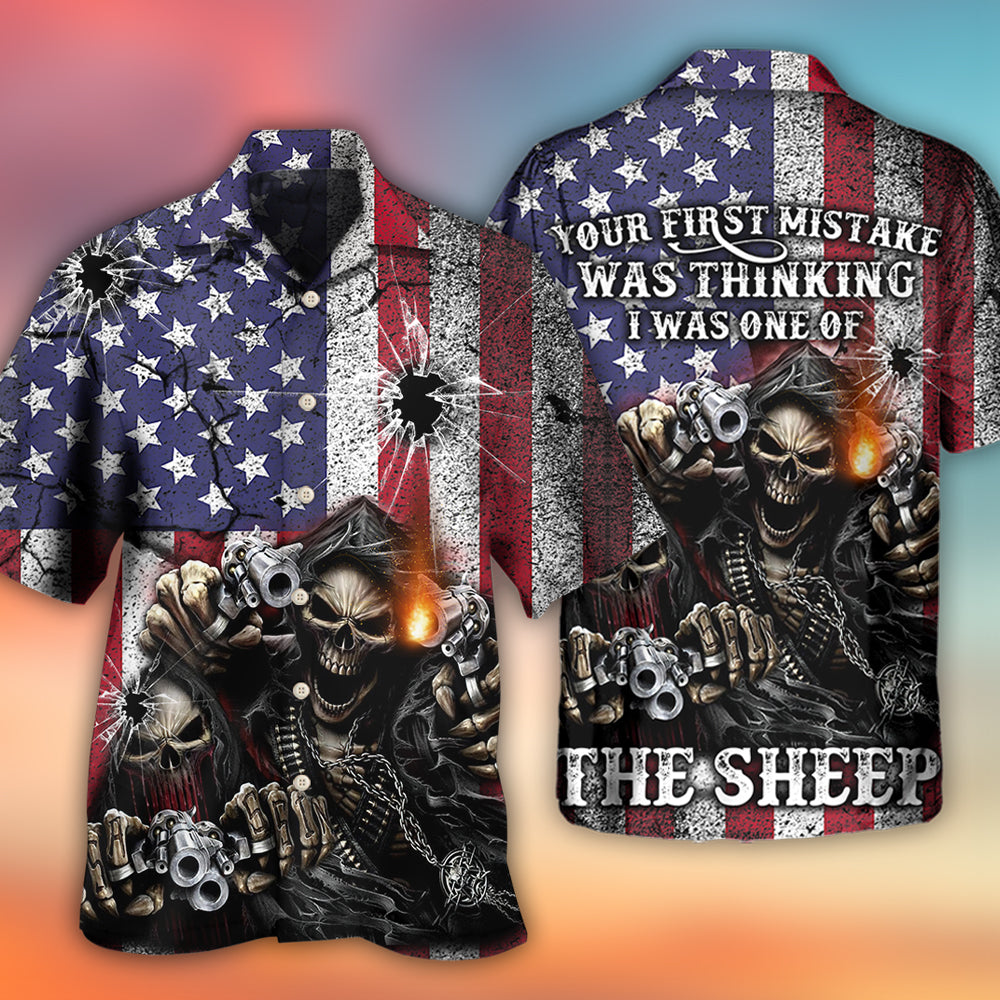 Skull Shot Gun American Flag Vintage - Hawaiian Shirt - Reefox