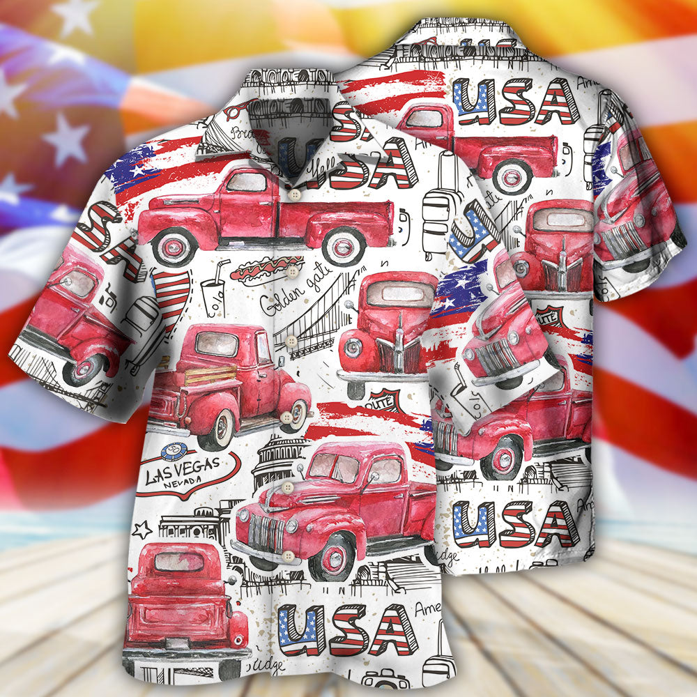 Truck Red USA Flag Independence Day - Hawaiian Shirt - Reefox
