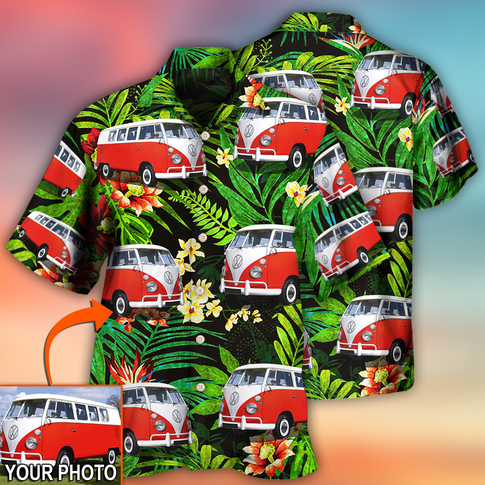 Hippie Van Volkswagen Camper Van Tropical Flower Custom Photo - Hawaiian Shirt - Reefox