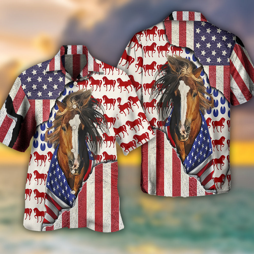 Horse Patriotic Horse American Flag - Hawaiian Shirt - Reefox