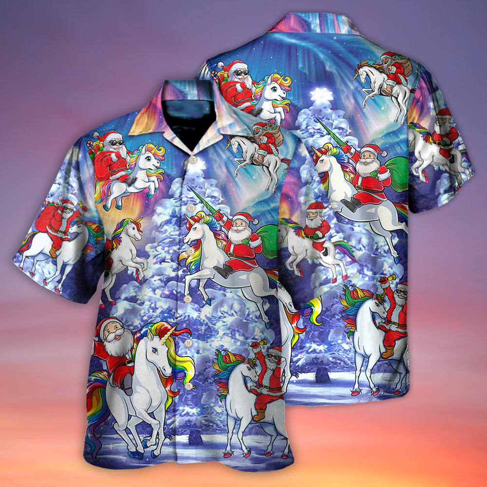 Christmas Santa Claus Riding Unicorn Snow Mountain Art Style - Hawaiian Shirt - Reefox