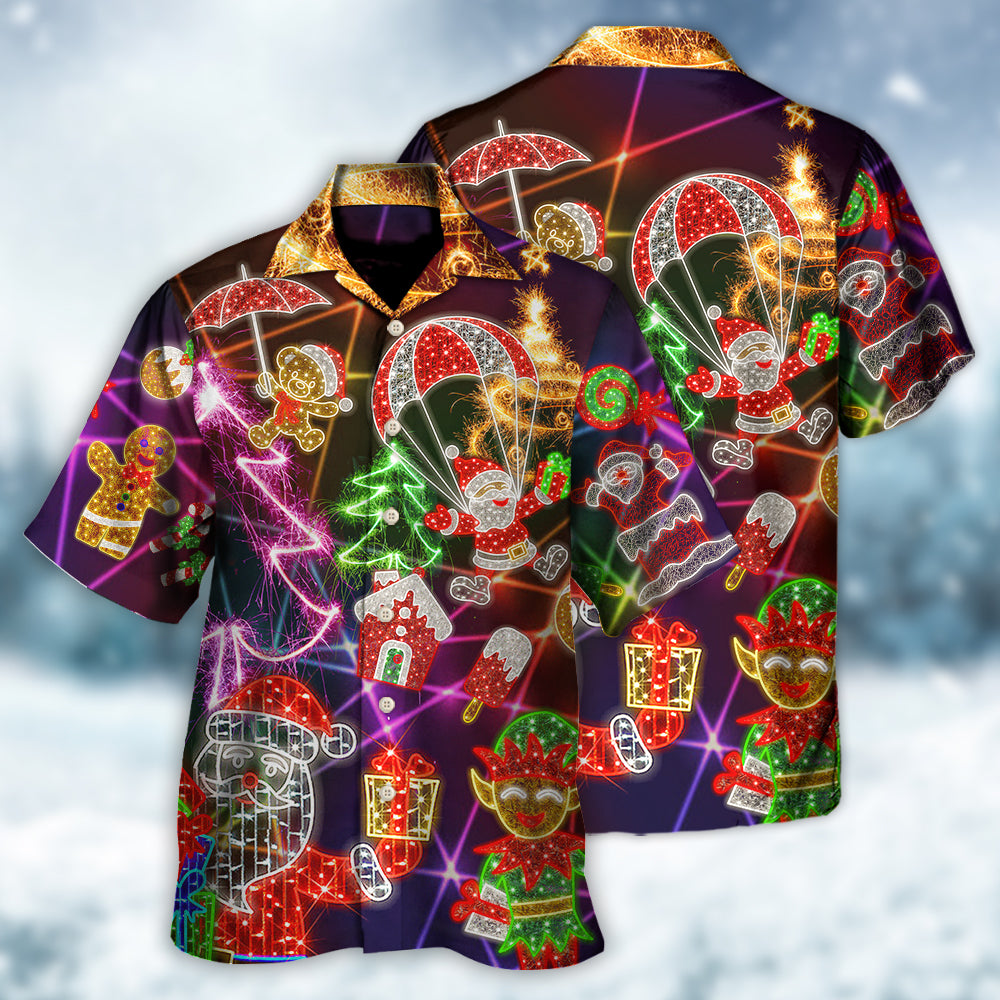Christmas Funny Santa Claus Tree Elf Gingerbread Neon Light Style - Hawaiian Shirt - Reefox
