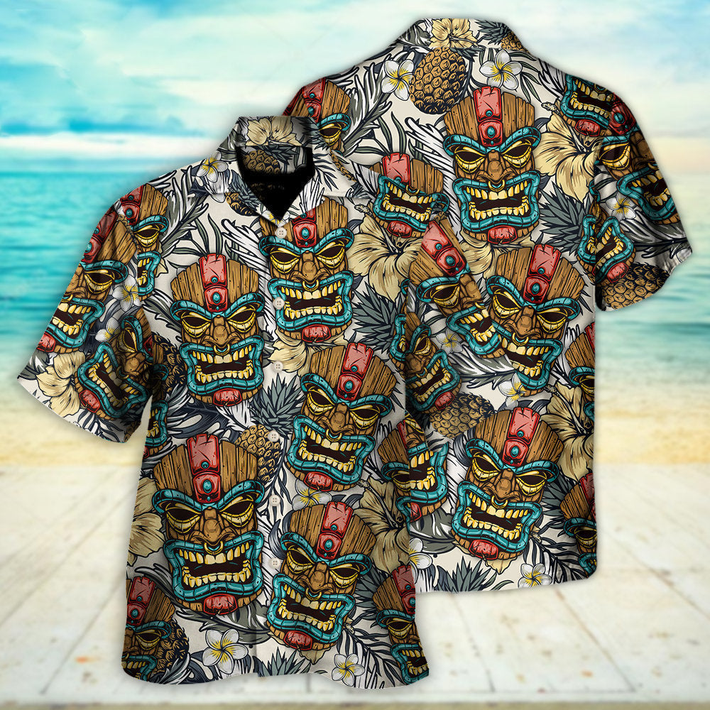 Tiki Tribal Mask With Tropical Leaves - Hawaiian Shirt - Reefox
