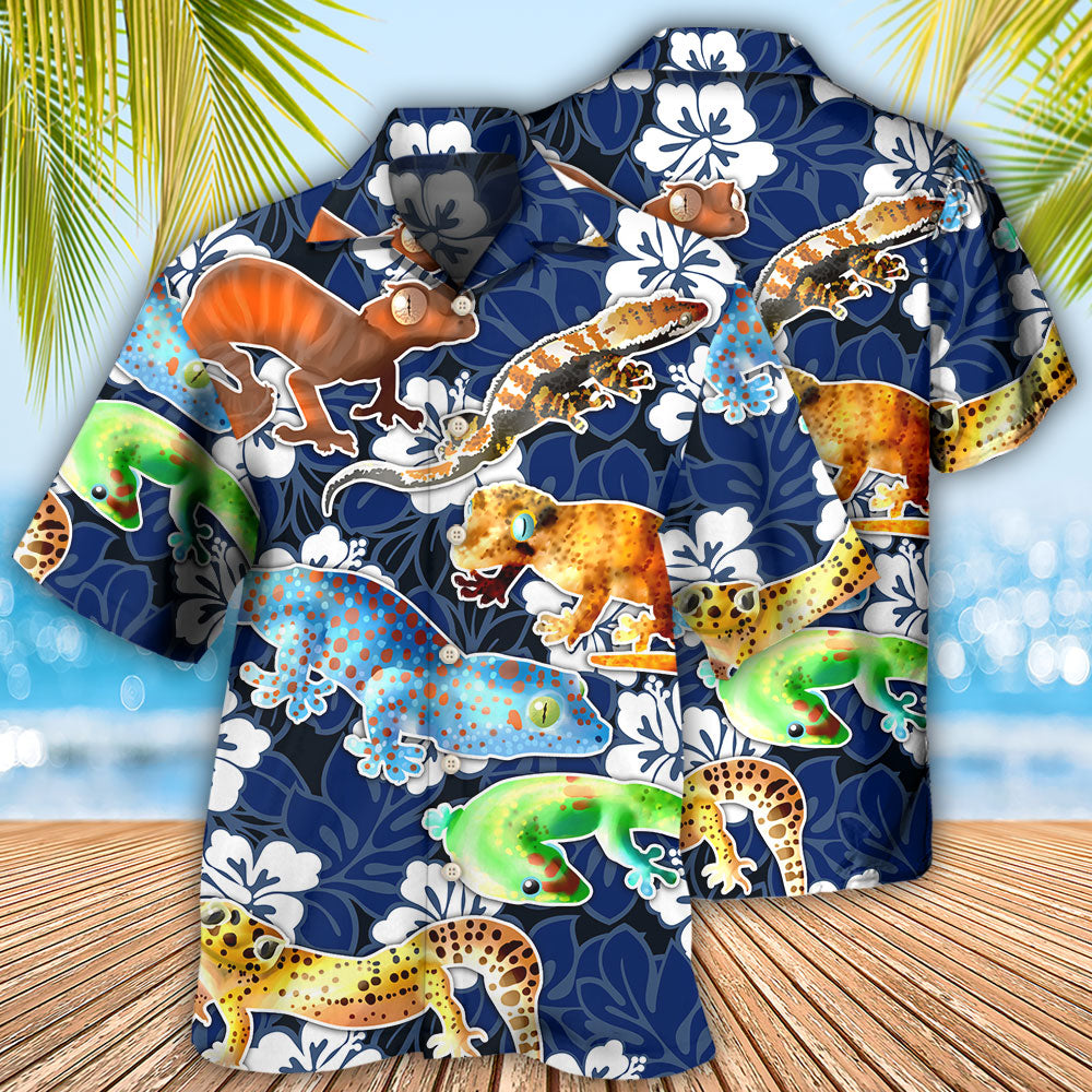 Leopard Gecko Blue Tropical Flower - Hawaiian Shirt - Reefox
