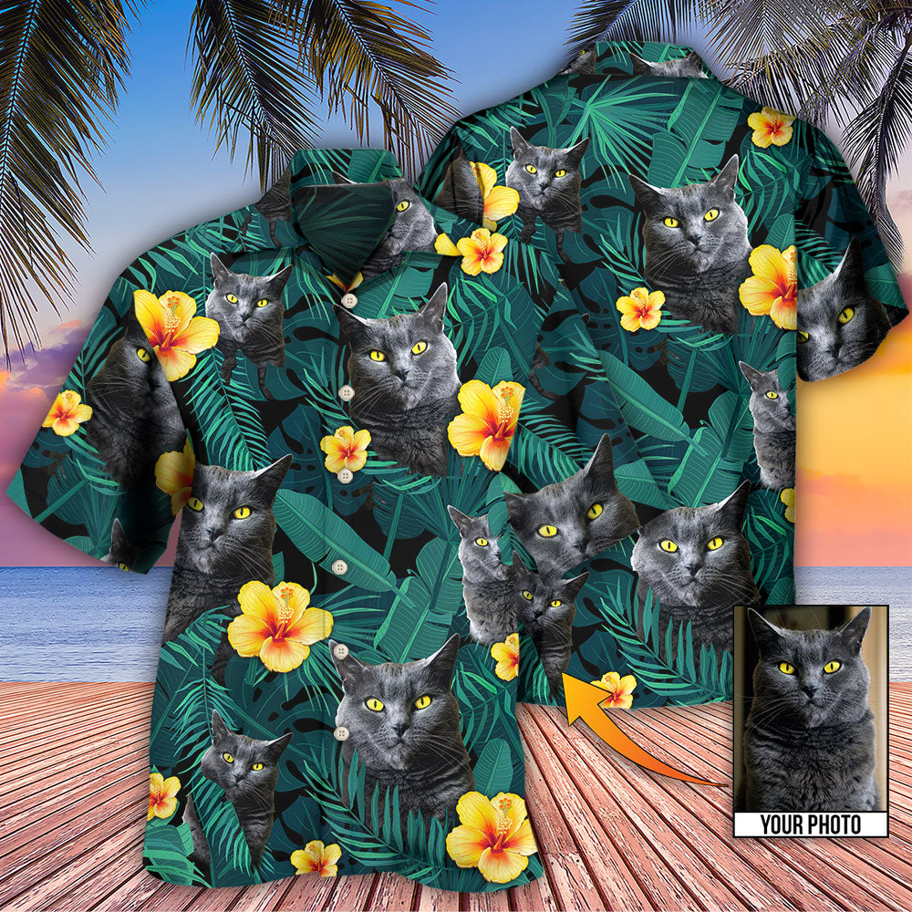 Black Cat Green Tropical Custom Photo - Hawaiian Shirt - Reefox