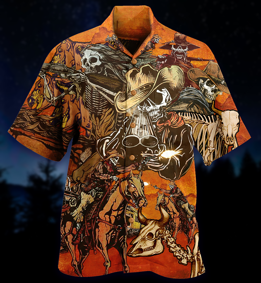 Cowboy Skull War Orange - Hawaiian Shirt - Reefox