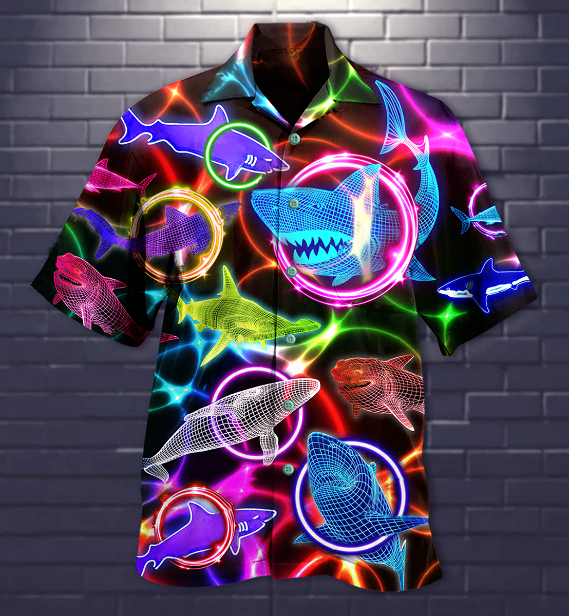 Shark Loves Circle Neon Style - Hawaiian Shirt - Reefox