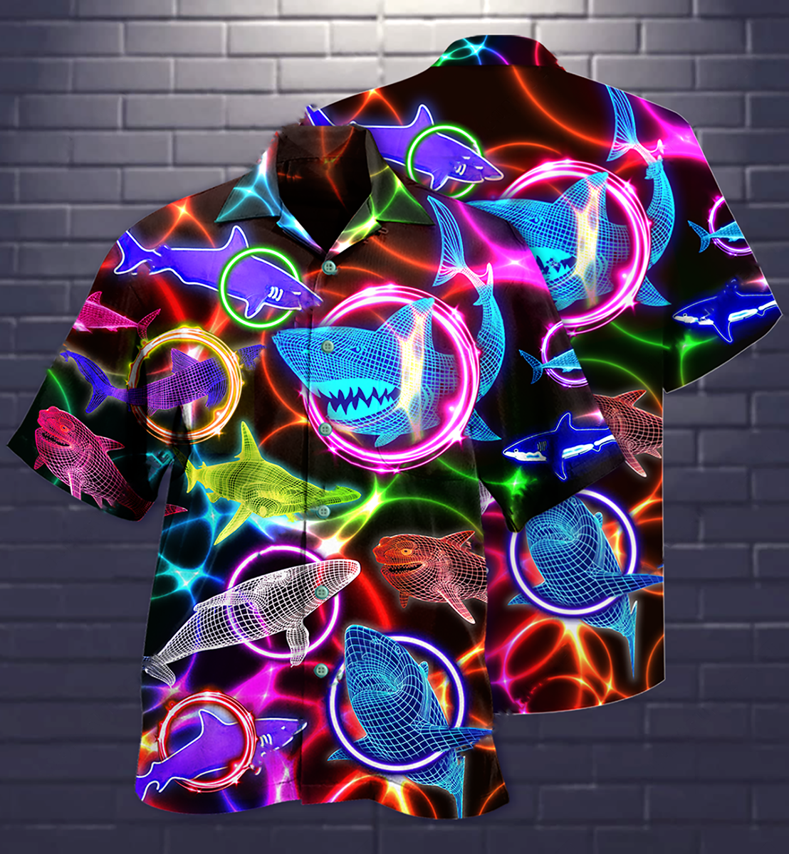 Shark Loves Circle Neon Style - Hawaiian Shirt - Reefox