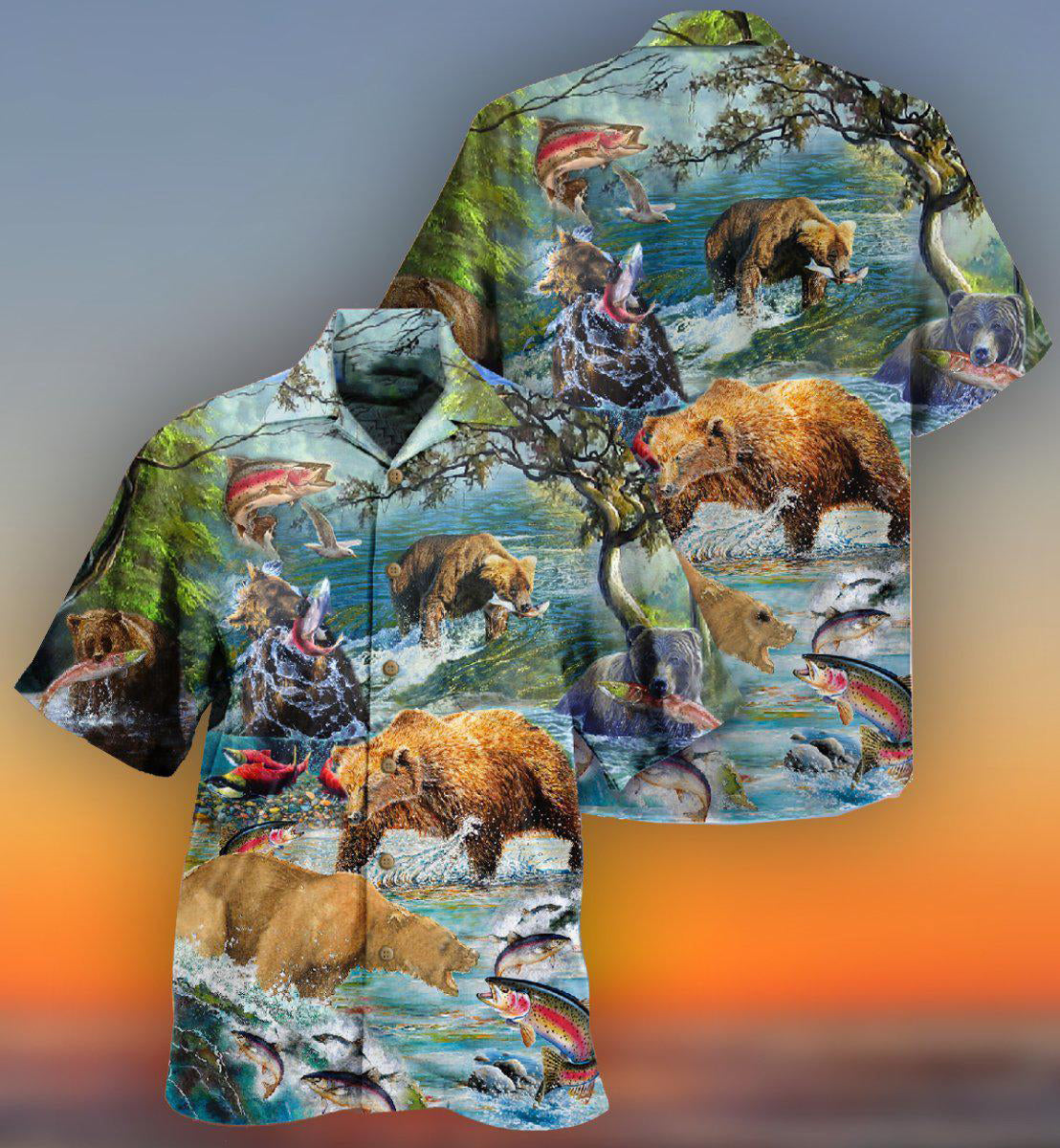 Hunting Animals Amazing Salmon Hunting With Bear - Hawaiian Shirt - Reefox