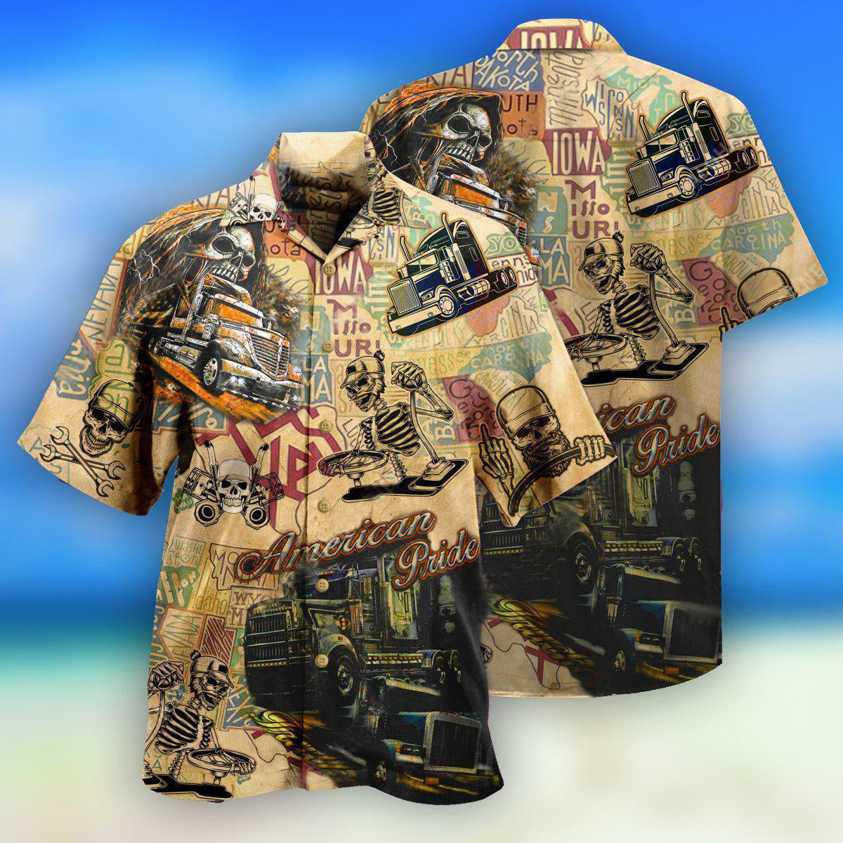 Truck Amazing American Pride Trucks Skull - Hawaiian Shirt - Reefox