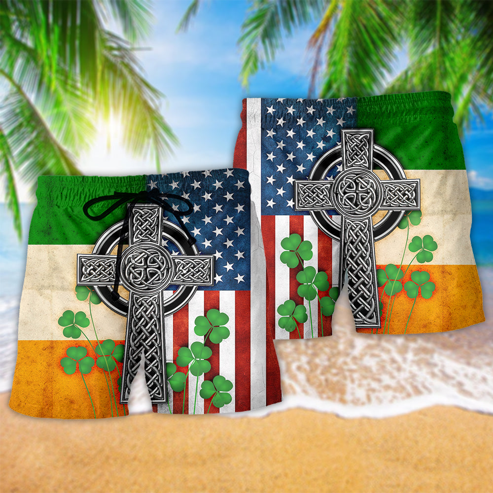 American Flag Celtic Cross Irish Saint Patrick's Day All Over - Beach Short Reefox - Owls Matrix LTD