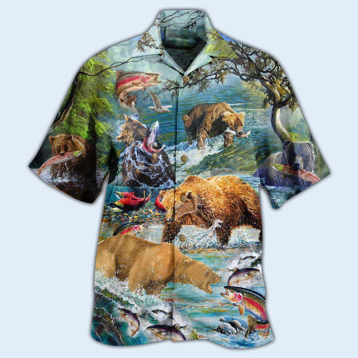 Hunting Animals Amazing Salmon Hunting With Bear - Hawaiian Shirt - Reefox