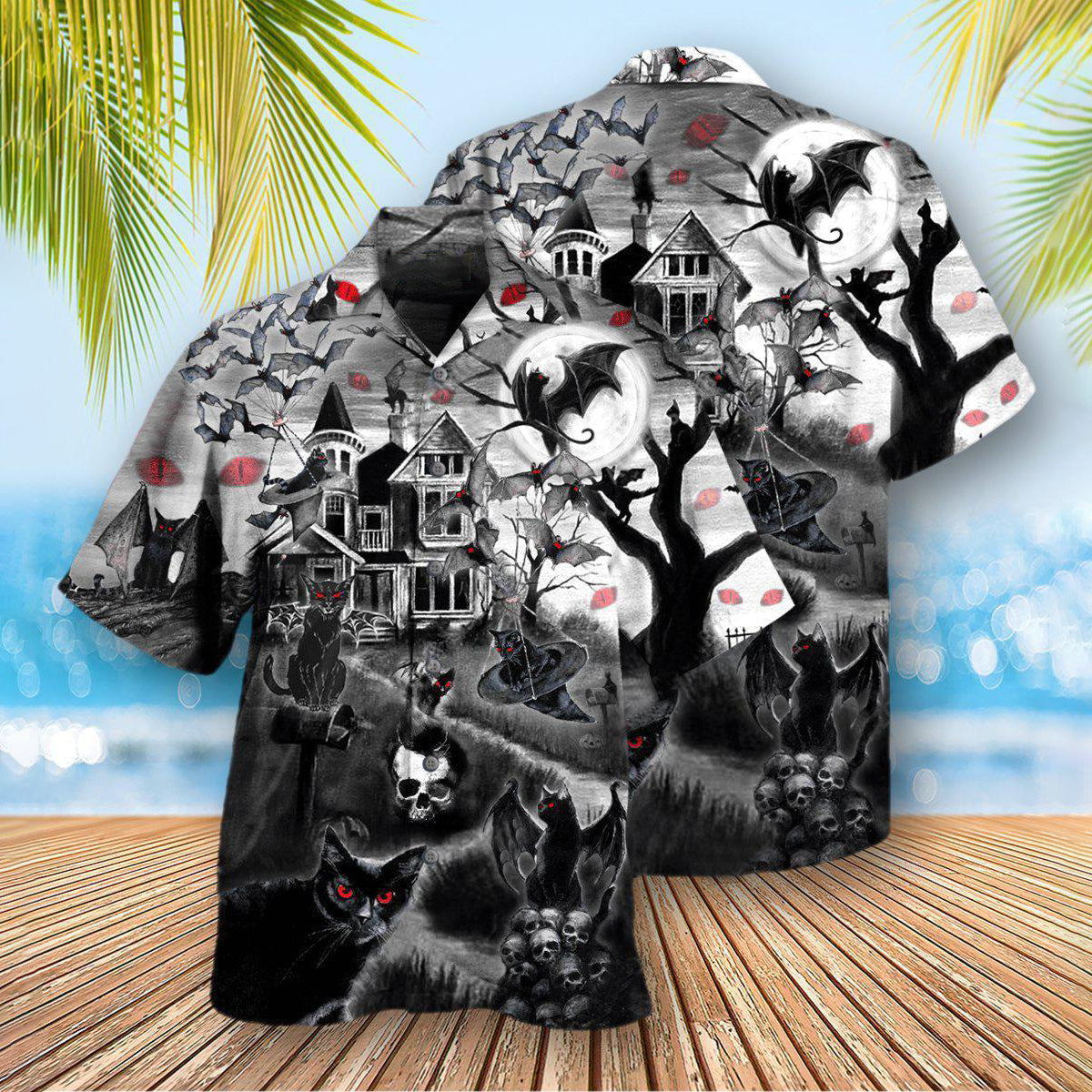 Halloween Black Cat Flying Horror Night Halloween - Hawaiian Shirt - Reefox