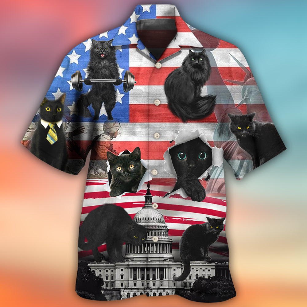 Black Cat Independence Day America - Hawaiian Shirt - Reefox