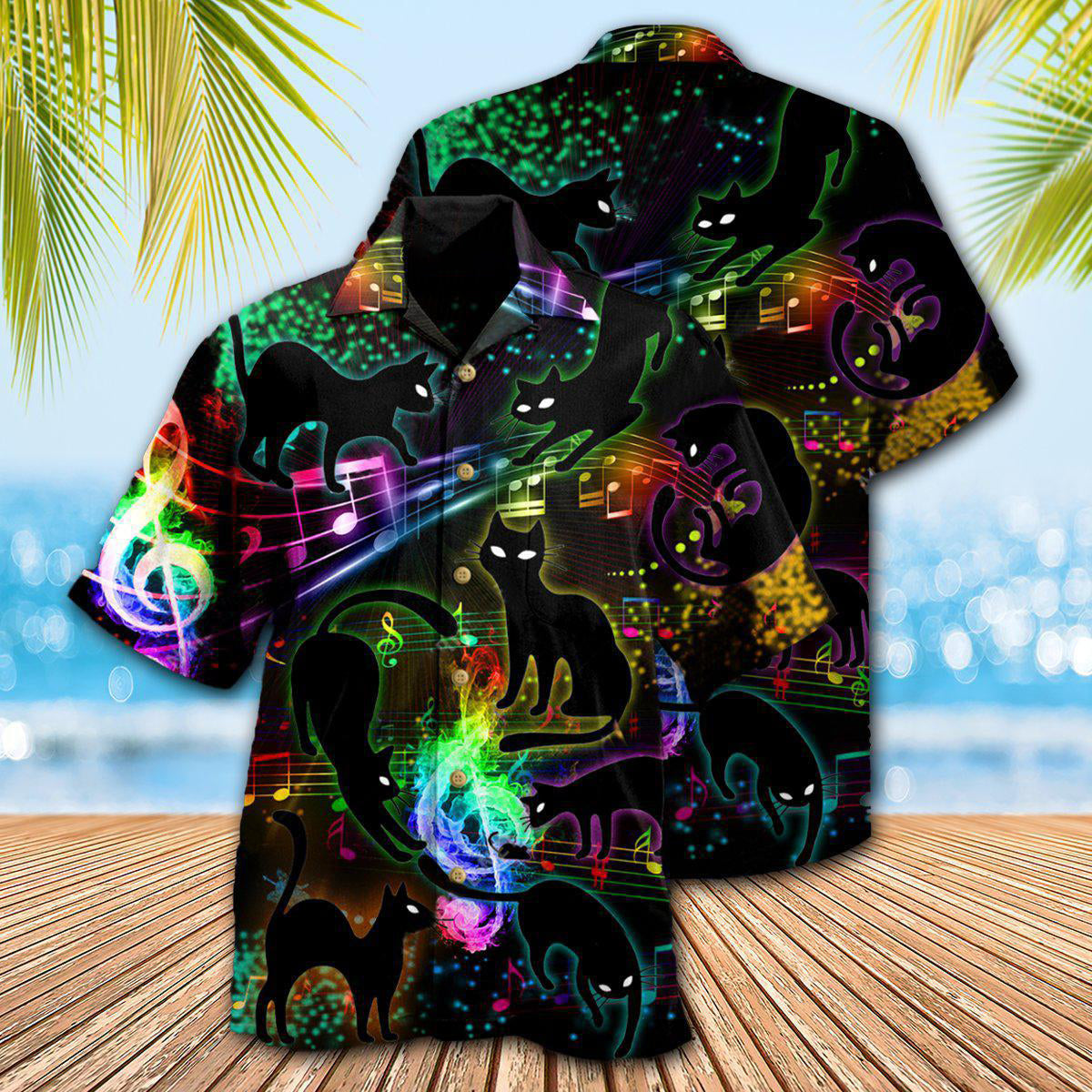 Black Cat The Magical Light Cats On Music Notes - Hawaiian Shirt - Reefox