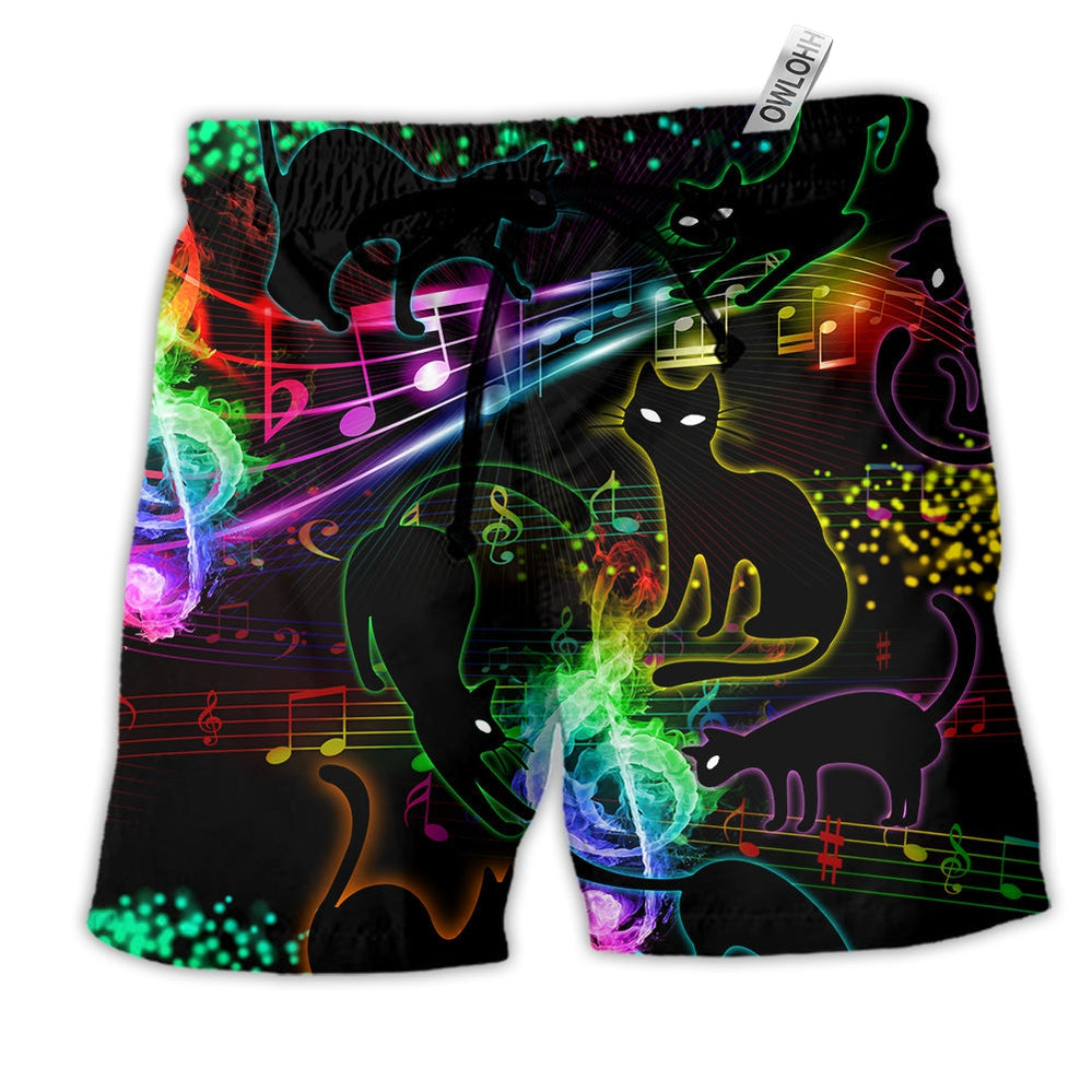 Beach Short / Adults / S Black Cat The Magical Light Cats On Music Notes Cool - Beach Short Reefox - Owls Matrix LTD