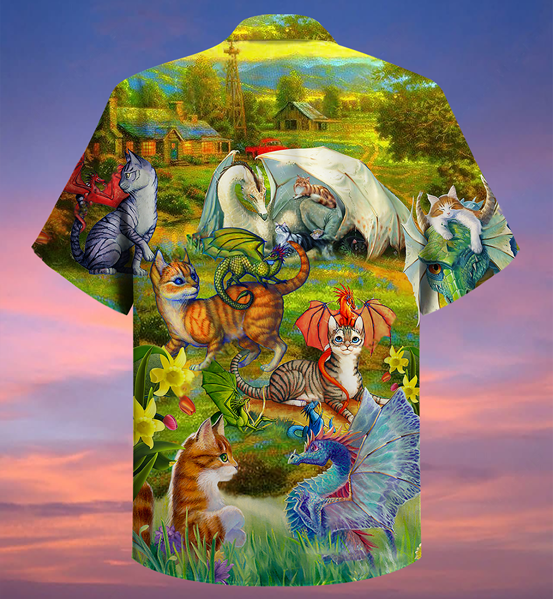 Dragon And Cats Love Life Beautiful Nature- Hawaiian Shirt - Reefox
