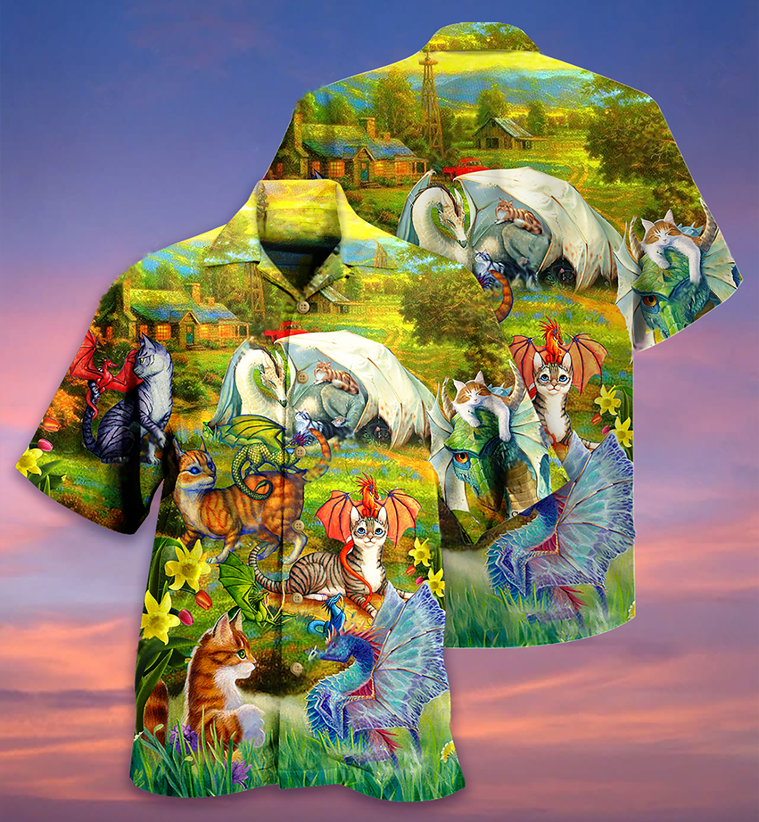 Dragon And Cats Love Life Beautiful Nature- Hawaiian Shirt - Reefox