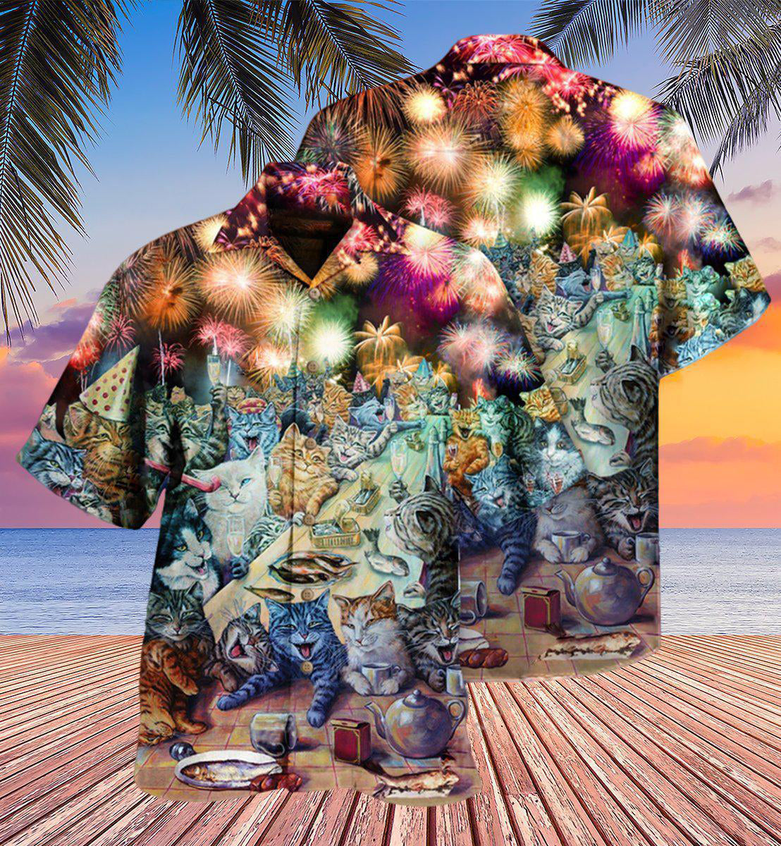Cat New Years Party Of The Cats - Hawaiian Shirt - Reefox